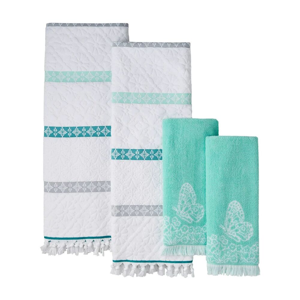 Pioneer Woman Bath Towel Set Sculpted Stripe Velour Soft Silver Cotton Butterfly